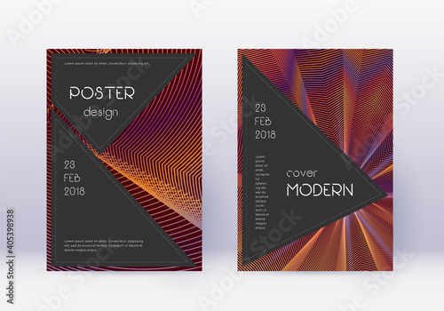 Black cover design template set. Orange abstract lines on wine red background. Admirable cover design. Uncommon catalog, poster, book template etc.