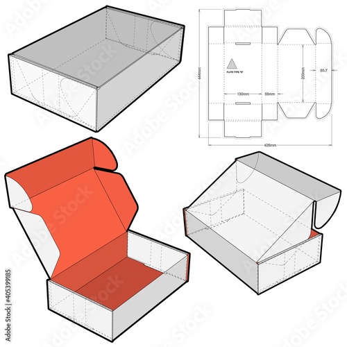 Box self assembly Flute Type E (Internal measurement 20 x 13 x 5.5cm) and Die-cut Pattern. The .eps file is full scale and fully functional. Prepared for real cardboard production.
