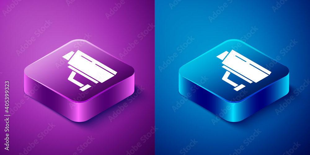 Isometric Security camera icon isolated on blue and purple background. Square button. Vector. Isometric Security camera icon isolated on blue and purple background. Square button. Vector.