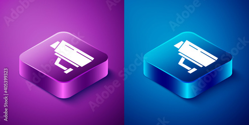 Isometric Security camera icon isolated on blue and purple background. Square button. Vector.