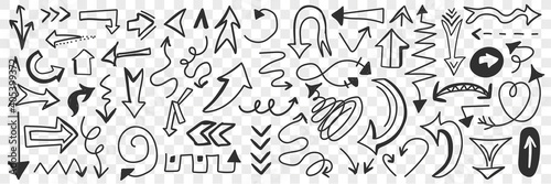 Various arrows and indicators doodle set. Collection of hand drawn arrows signs of different directions and shapes isolated on transparent background. Illustration of navigation symbols 