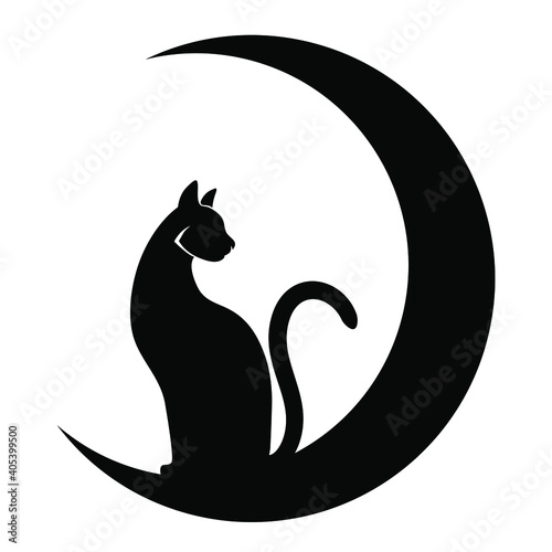 Cat sitting on the crescent Moon. 
 Black silhouette drawn on a white background. Tattoo, creative logo, wall decals, artwork, minimalist wall art, poster design