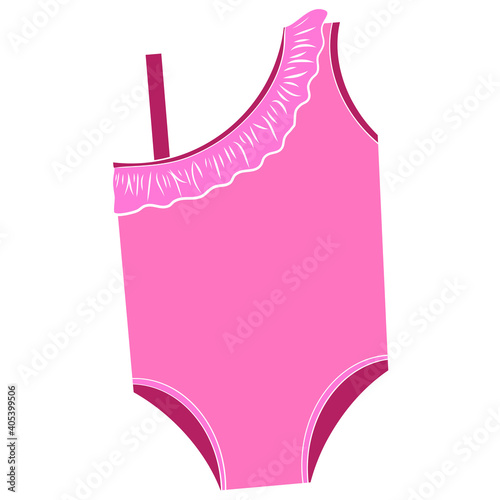 Bathing suit. Summer season. Baby clothes. Outerwear. Graphic vector drawing, flat style. Can be used both for advertising and for stickers, collages, labels, shop signs.