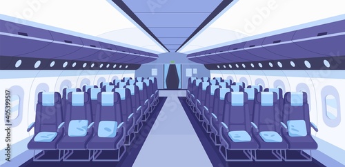 Front view of modern plane interior with aisle, reclining seats and portholes. Inside empty aircraft cabin of economy class. Airplane interior design. Colored flat vector illustration