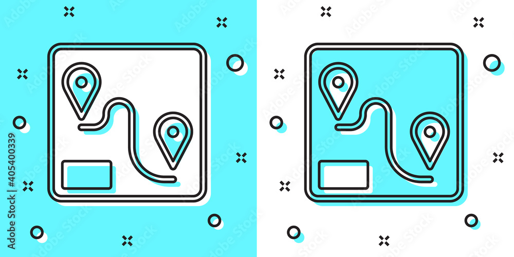 Black line Route location icon isolated on green and white background. Train line path of train road route with start point GPS and dash line. Random dynamic shapes. Vector. Black line Route location icon isolated on green and white background. Train line path of train road route with start point GPS and dash line. Random dynamic shapes. Vector.