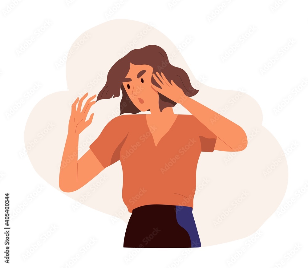 Angry and annoyed woman with irritated and furious face expression clutching her head in panic. Negative emotion of female character. Colored flat vector illustration isolated on white background Angry and annoyed woman with irritated and furious face expression clutching her head in panic. Negative emotion of female character. Colored flat vector illustration isolated on white background
