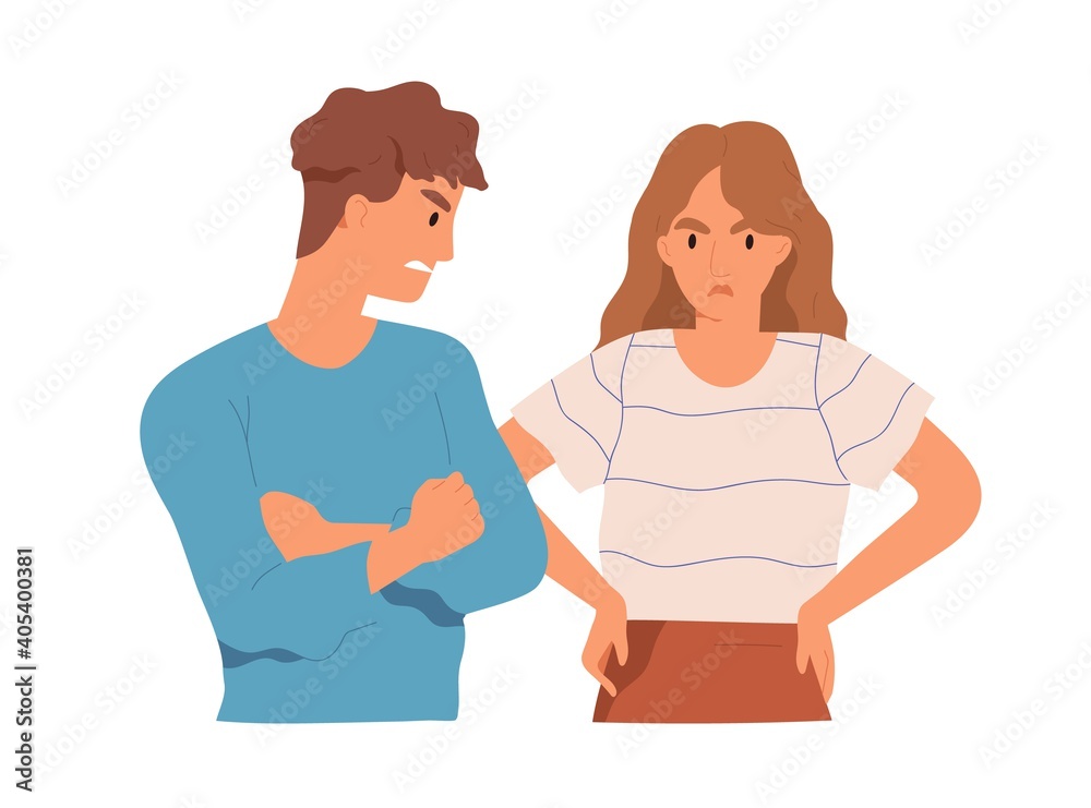 Couple of angry aggressive man and upset woman arguing and conflicting. Argument and offense between two people. Scene of family quarrel. Colored flat vector illustration isolated on white background Couple of angry aggressive man and upset woman arguing and conflicting. Argument and offense between two people. Scene of family quarrel. Colored flat vector illustration isolated on white background