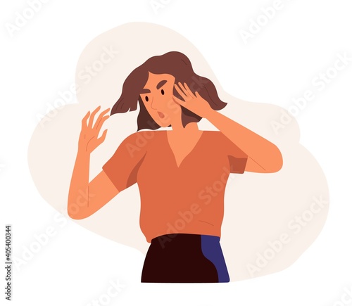 Angry and annoyed woman with irritated and furious face expression clutching her head in panic. Negative emotion of female character. Colored flat vector illustration isolated on white background