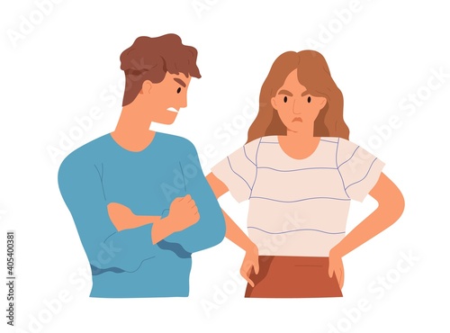 Couple of angry aggressive man and upset woman arguing and conflicting. Argument and offense between two people. Scene of family quarrel. Colored flat vector illustration isolated on white background