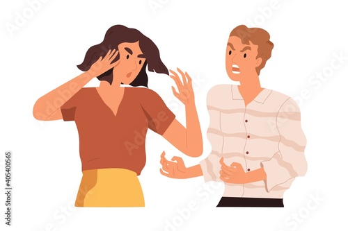 Couple arguing and conflicting. Aggressive and irritated man shouting at annoyed woman. Scene of family quarrel, problem in relashionship. Colorful flat vector illustration isolated on white