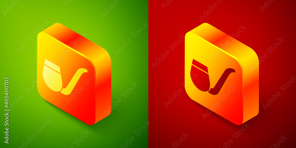 Isometric Smoking pipe with smoke icon isolated on green and red background. Tobacco pipe. Square button. Vector. Isometric Smoking pipe with smoke icon isolated on green and red background. Tobacco pipe. Square button. Vector.