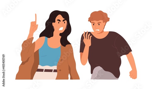 Couple of angry man and woman shouting, arguing and conflicting. Argument and...