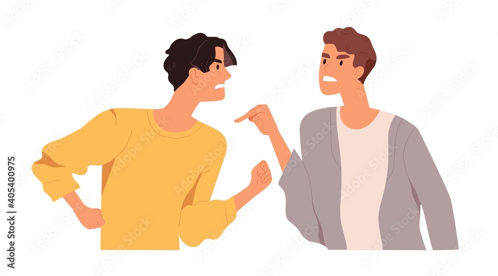 Angry men arguing and conflicting. Quarrel and fight between two aggressive people. Male characters shouting, blaming and criticizing. Colorful flat vector illustration isolated on white background Angry men arguing and conflicting. Quarrel and fight between two aggressive people. Male characters shouting, blaming and criticizing. Colorful flat vector illustration isolated on white background