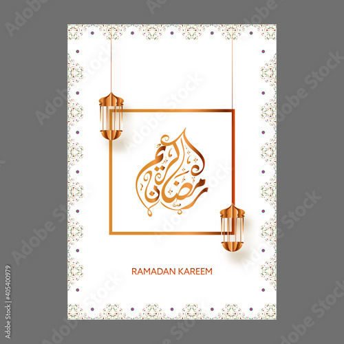 Bronze Arabic Calligraphy Of Ramadan Kareem With Hanging Paper Lanterns On White Background. Can Be Used As Greeting Card. photo