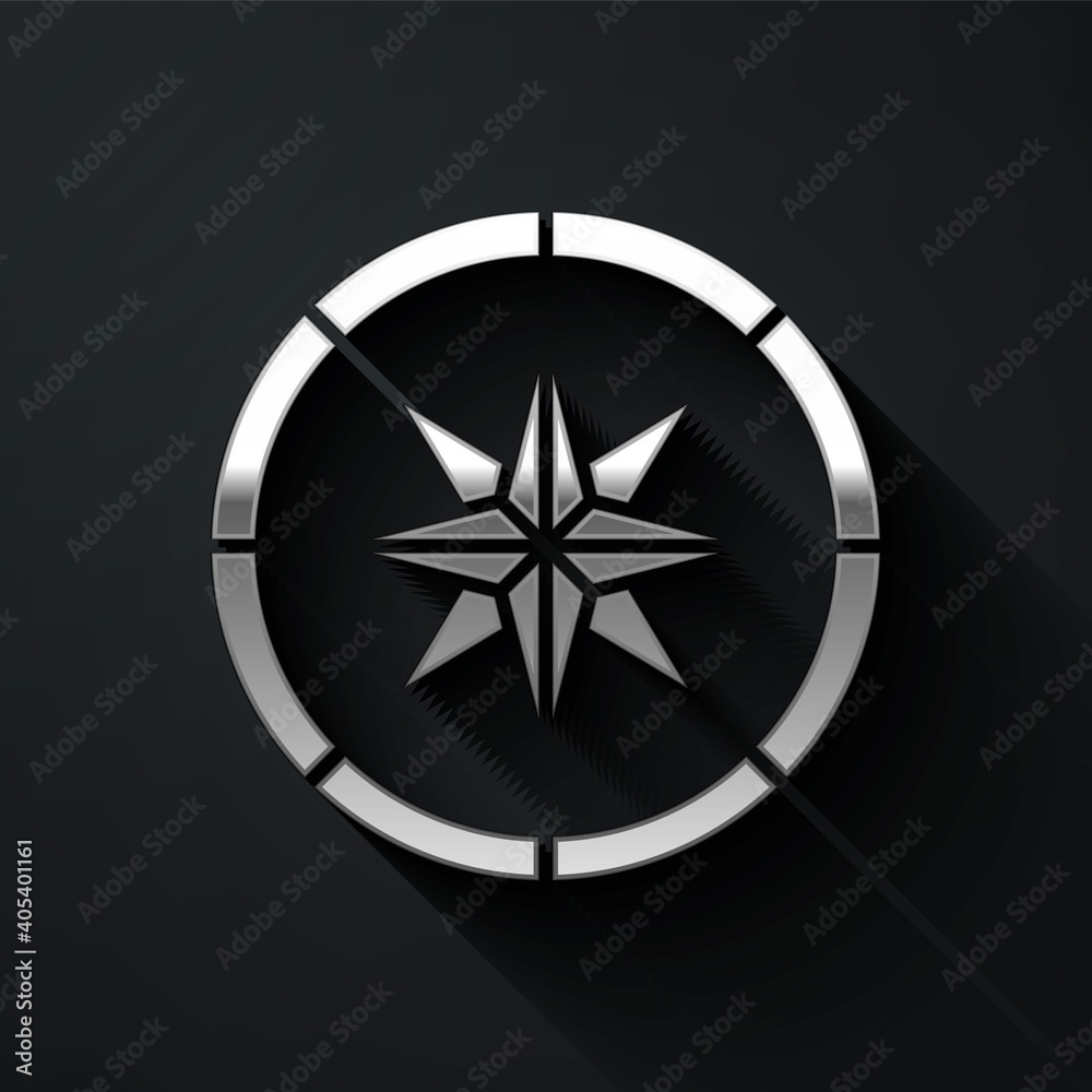Silver Compass icon isolated on black background. Windrose navigation symbol. Wind rose sign. Long shadow style. Vector. Silver Compass icon isolated on black background. Windrose navigation symbol. Wind rose sign. Long shadow style. Vector.