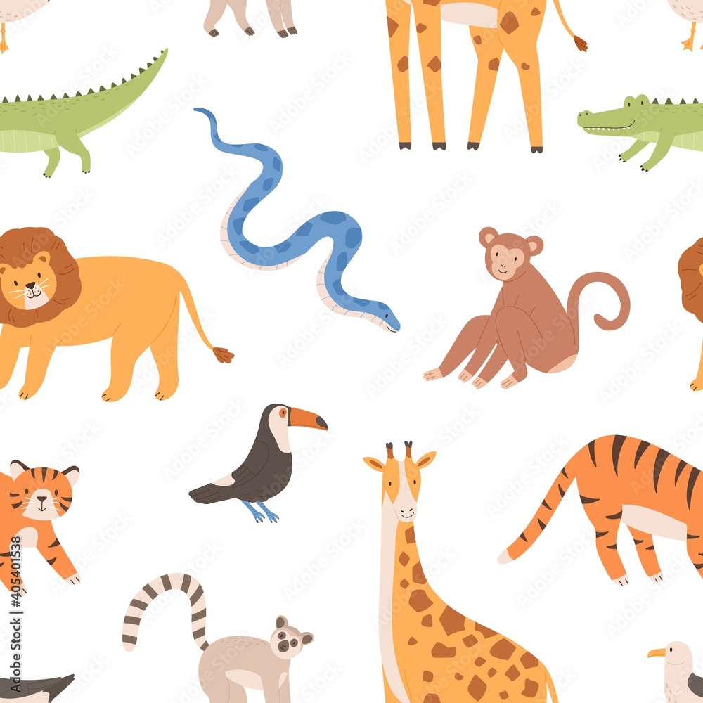 Fototapeta premium Seamless pattern with African wild tropical animals. Endless repeatable backdrop with monkey, tiger, lion, crocodile, snake, giraffe and birds. Colorful flat vector illustration on white background
