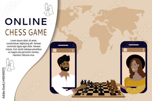 Online chess game, online tournament. A man and a woman are playing a strategic intellectual game using a smartphone. Flat vector illustration