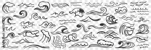 Sea waves on water surface doodle set. Collection of hand drawn ocean and sea waters with waves during storm and gloomy weather isolated on transparent background. Illustration of waves shapes 