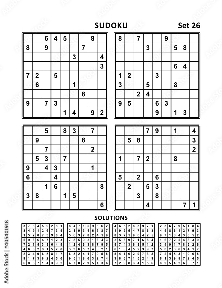 Four sudoku puzzles of comfortable (easy, yet not very easy) level, on A4 or Letter sized page with margins, suitable for large print books, answers included. Set 26.
Four sudoku puzzles of comfortable (easy, yet not very easy) level, on A4 or Letter sized page with margins, suitable for large print books, answers included. Set 26.