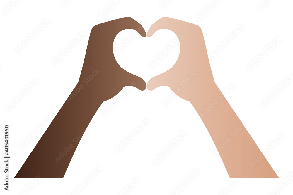 Obraz premium The hands of an African American and a European are folded in the shape of a heart. A sign of love from the palms of different nations. Vector illustration. Isolated white background. Multiethnic.