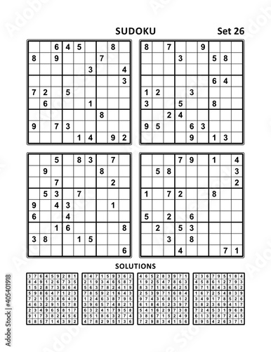 Four sudoku puzzles of comfortable (easy, yet not very easy) level, on A4 or Letter sized page with margins, suitable for large print books, answers included. Set 26.
