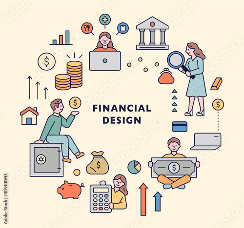 Financial icon set. Bank and money people icons are arranged in a circle.