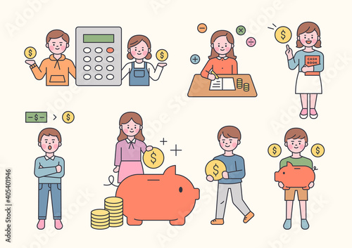 Savings, finance character set. There are cute kids with financial icons.