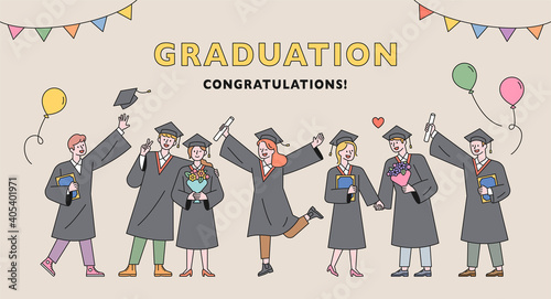 Graduation ceremony poster. Students in graduation gowns stand in a row and enjoy.