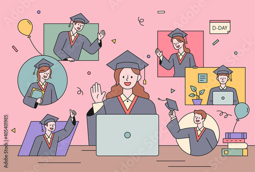 Non-face-to-face graduation ceremony. A graduate is sitting in front of a computer and greeting another graduate in a pop-up window.