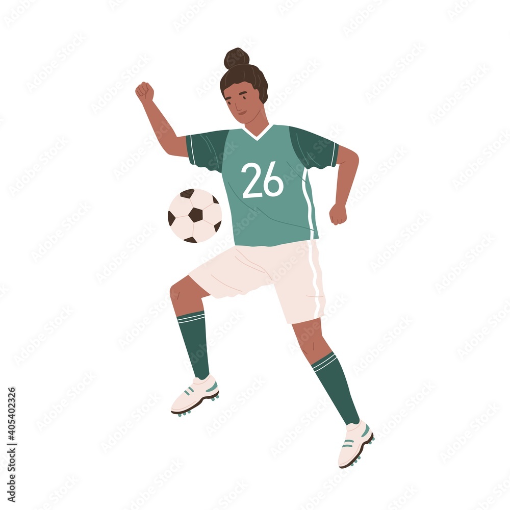 Young female soccer player kicking ball. African American woman playing football in green sports uniform, boots and stockings. Colorful flat vector illustration isolated on white background