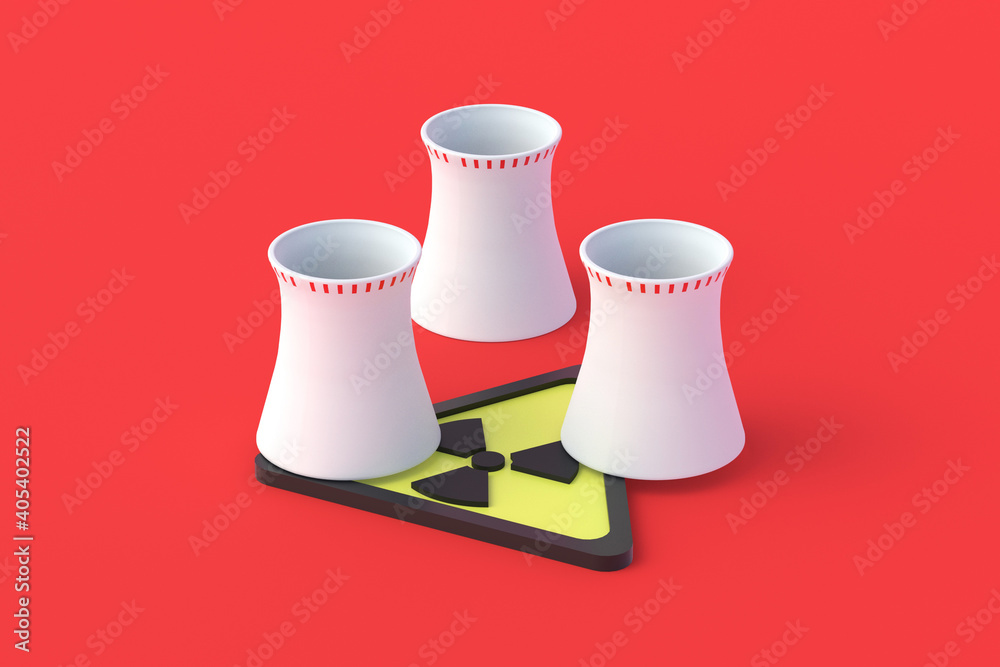 Cooling pipes of nuclear power plant and radiation sign on red background. Hazardous electricity production. Threat, pollution of the environment with radioactive waste. Atomic energy. 3d rendering Cooling pipes of nuclear power plant and radiation sign on red background. Hazardous electricity production. Threat, pollution of the environment with radioactive waste. Atomic energy. 3d rendering
