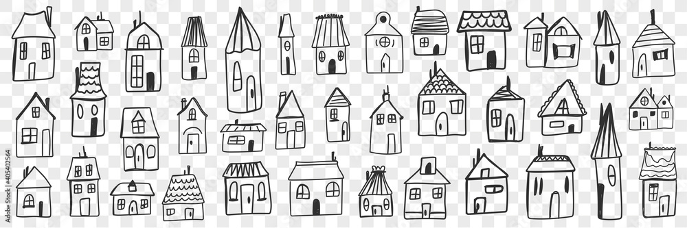 Various houses and buildings doodle set. Collection of hand drawn small one floored houses buildings for living isolated on transparent background. Illustration of architecture and exterior 