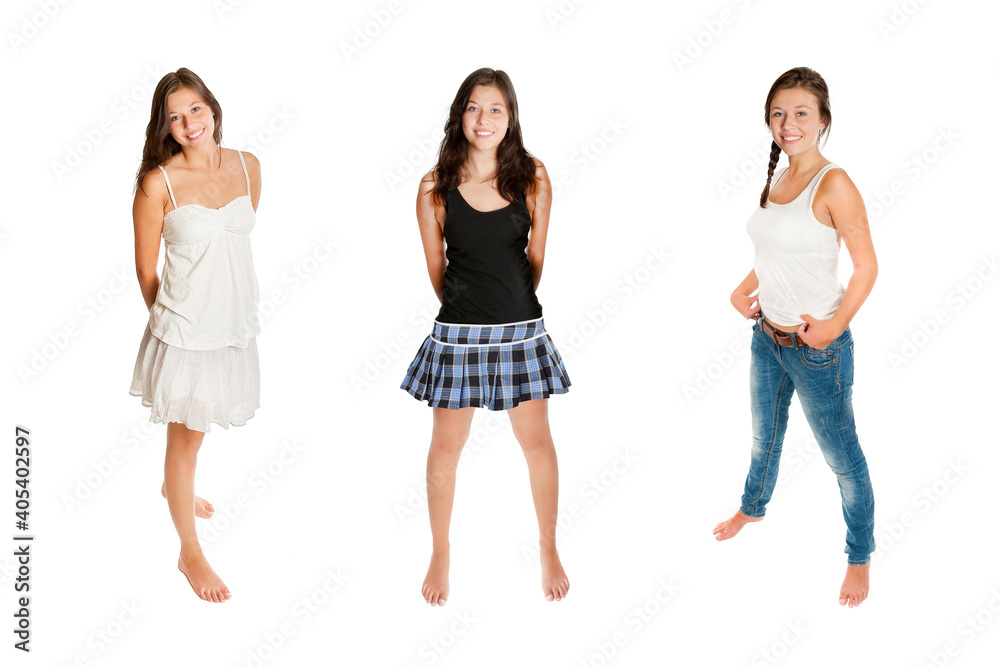 Three full length portraits of a beautfiul young woman wearing casual summer clothes, isolated on white studio background Three full length portraits of a beautfiul young woman wearing casual summer clothes, isolated on white studio background