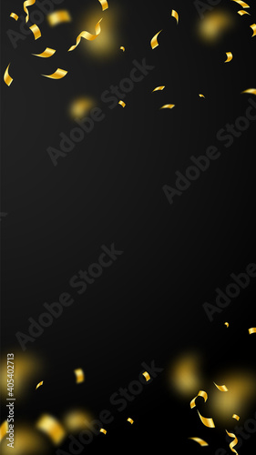 Streamers and confetti. Gold streamers tinsel and foil ribbons. Confetti falling rain on black background. Bewitching party overlay template. Attractive celebration concept.