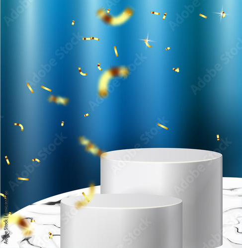Two white pedestals on a marble table. Trend podiums 3d on a beautiful background, fabric, curtain hanging on the background. Gold sparkles.