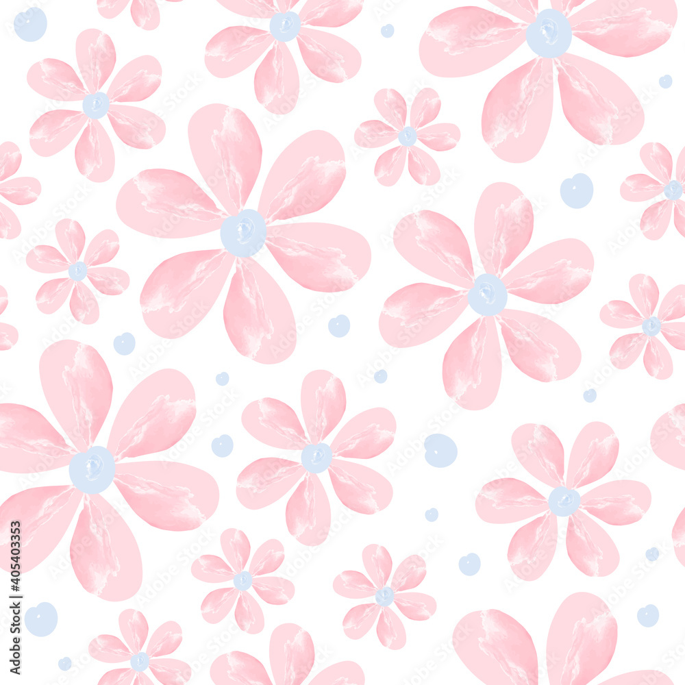 Vector seamless floral pattern in pastel colors on a white background pink flowers of different sizes and blue polka dots circles