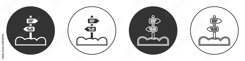 Black Road traffic sign. Signpost icon isolated on white background. Pointer symbol. Street information sign. Direction sign. Circle button. Vector. Black Road traffic sign. Signpost icon isolated on white background. Pointer symbol. Street information sign. Direction sign. Circle button. Vector.