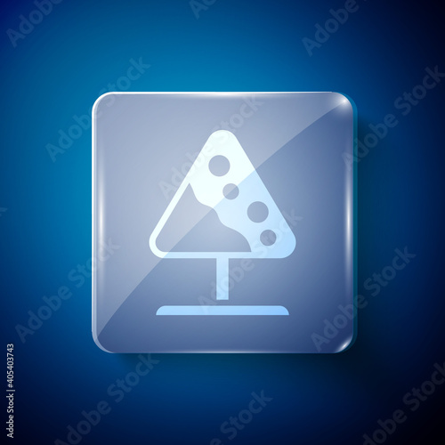 White Road sign avalanches icon isolated on blue background. Snowslide or snowslip rapid flow of snow down a sloping surface. Square glass panels. Vector.