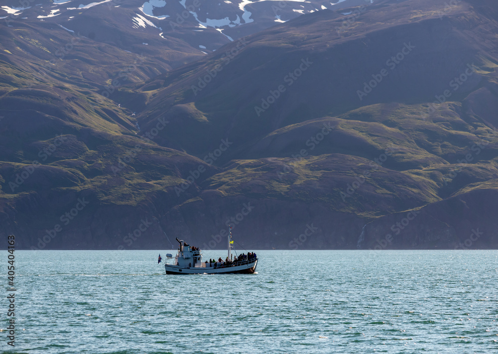  Whale watching boat with passengers going out the Husavik for waching the Humpback Whale. Iceland