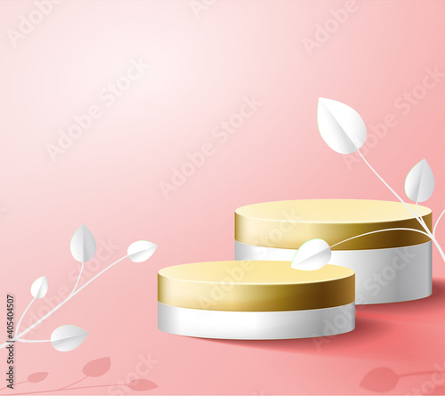Gold pedestal on a pink background. Trend podium 3d , with paper plants: a branch with leaves.