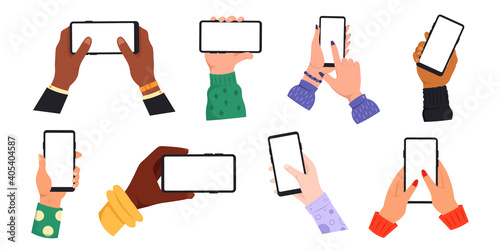 Set of hands with smartphones. Male and female arms with mobile phones isolated on white background. Vector illustration.