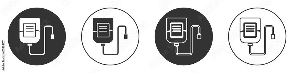 Black IV bag icon isolated on white background. Blood bag. Donate blood concept. The concept of treatment and therapy, chemotherapy. Circle button. Vector. Black IV bag icon isolated on white background. Blood bag. Donate blood concept. The concept of treatment and therapy, chemotherapy. Circle button. Vector.