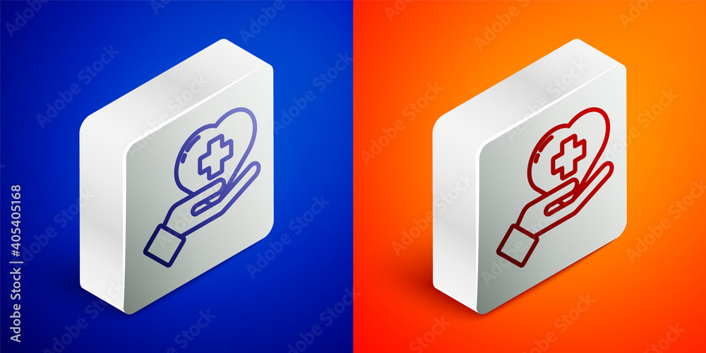 Isometric line Heart with a cross icon isolated on blue and orange background. First aid. Healthcare, medical and pharmacy sign. Silver square button. Vector Illustration. Isometric line Heart with a cross icon isolated on blue and orange background. First aid. Healthcare, medical and pharmacy sign. Silver square button. Vector Illustration.