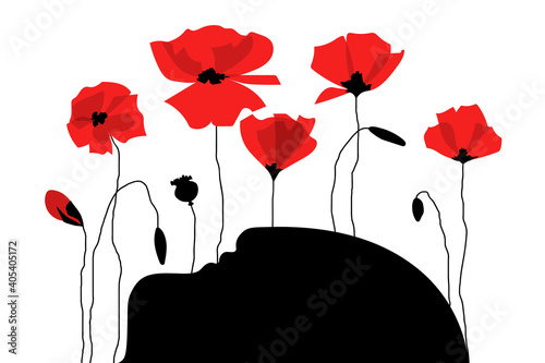 Abstract black head silhouette and red poppies. Drug addiction danger concept. Flat cartoon style.