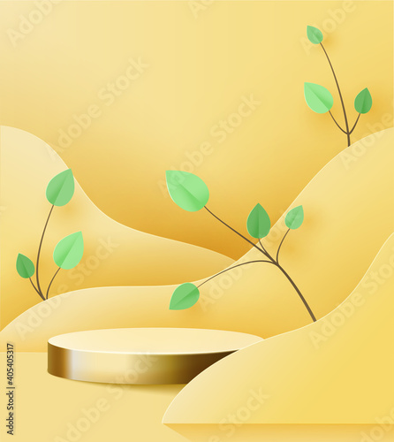 Gold pedestal on a yellow background. Trend podium 3d on the background of waves cut out of paper, with paper plants: a branch with leaves.