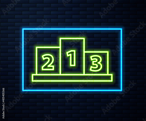 Glowing neon line Award over sports winner podium icon isolated on brick wall background. Vector Illustration.