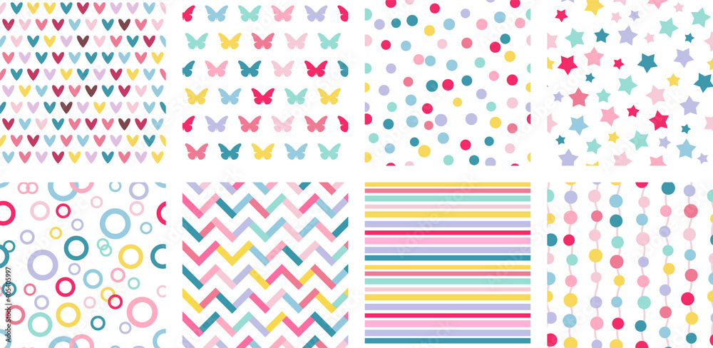 Set of 8 multicolored cute seamless patterns. Set of 8 multicolored cute seamless patterns.