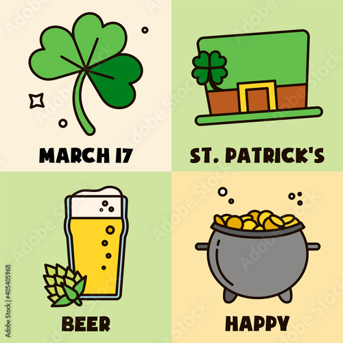 Saint Patrick's day sticker pack. Gift card, design for celebrities with beer, leprechaun gold, Irish flag and quatrefoil. Holiday poster, greeting banner, trendy t-shirt print. Green background