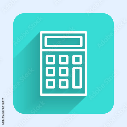 White line Calculator icon isolated with long shadow. Accounting symbol. Business calculations mathematics education and finance. Green square button. Vector Illustration.