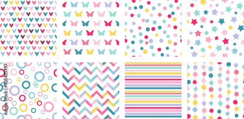 Set of 8 multicolored cute seamless patterns.